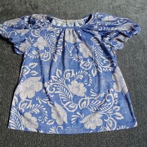 Chenault Women Blue White Floral Paisley Flutter Sleeve Blouse Top size Large
